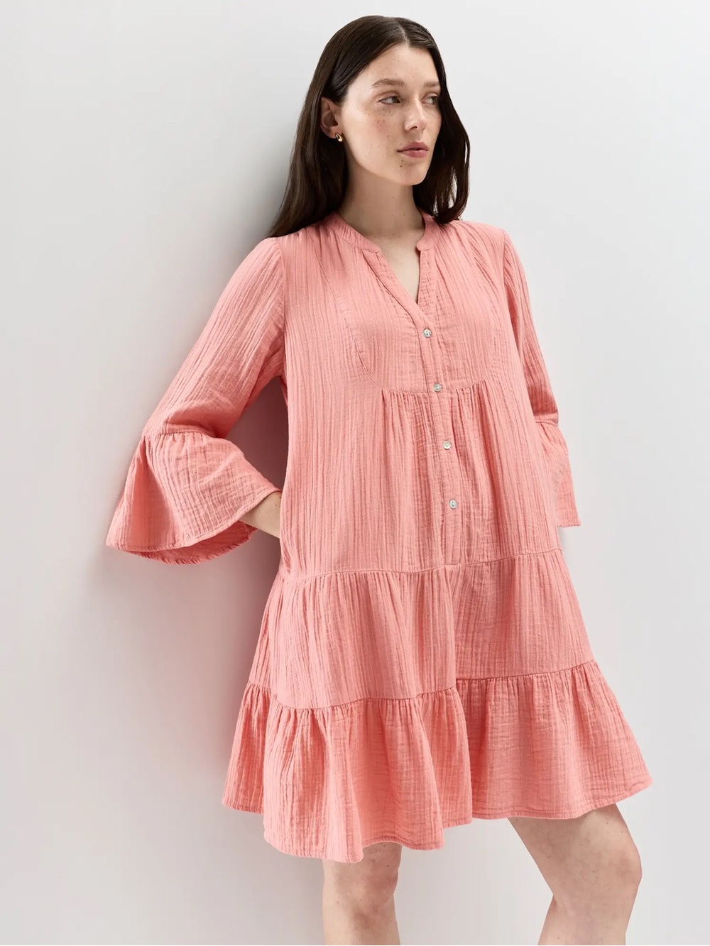 Quince Coral Pink Tiered Mini Dress Organic Cotton Gauze Tiered Size S - Picture 4 of 7